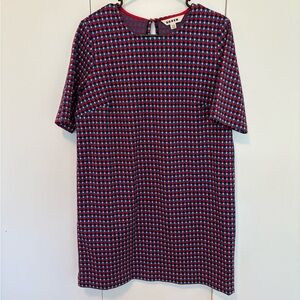 Boden Ivy Jacquard Jersey Dress in a red and blue geometric pattern size 14R